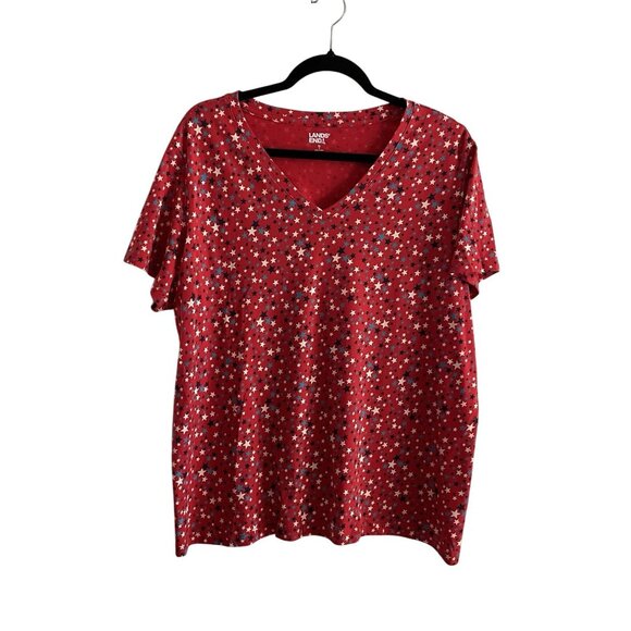 Lands' End Women SZ XL Red Allover Star V-Neck Short Sleeve Pullover Tee - Picture 1 of 8
